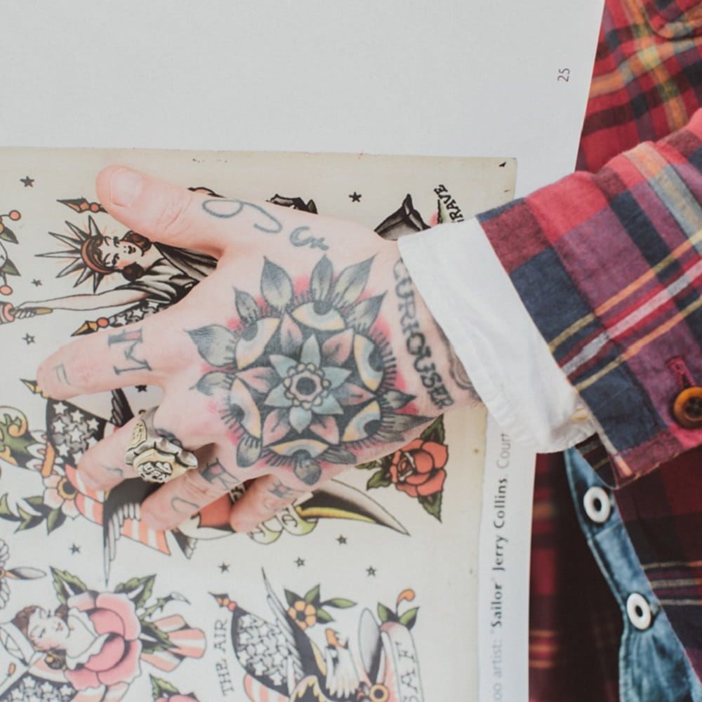A close up image of a tattooed hand.