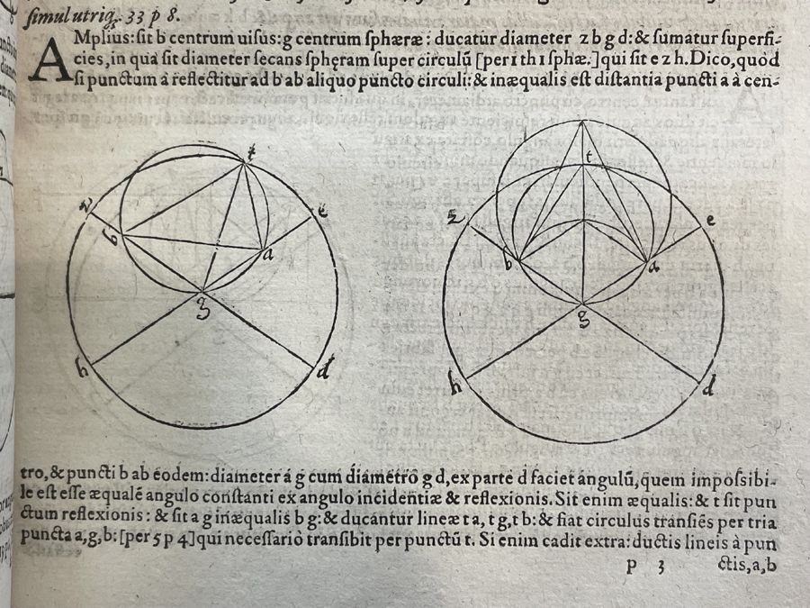 Between paragraphs of Latin text sit two diagrams covered in ever shrinking circles connected by lines and letters.