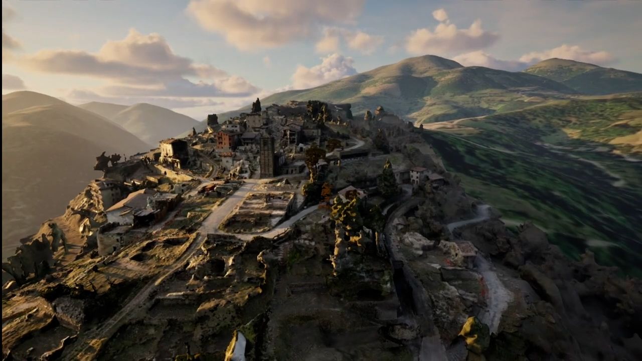 A 3D rendering of the ruins of Accumoli on a hilltop.