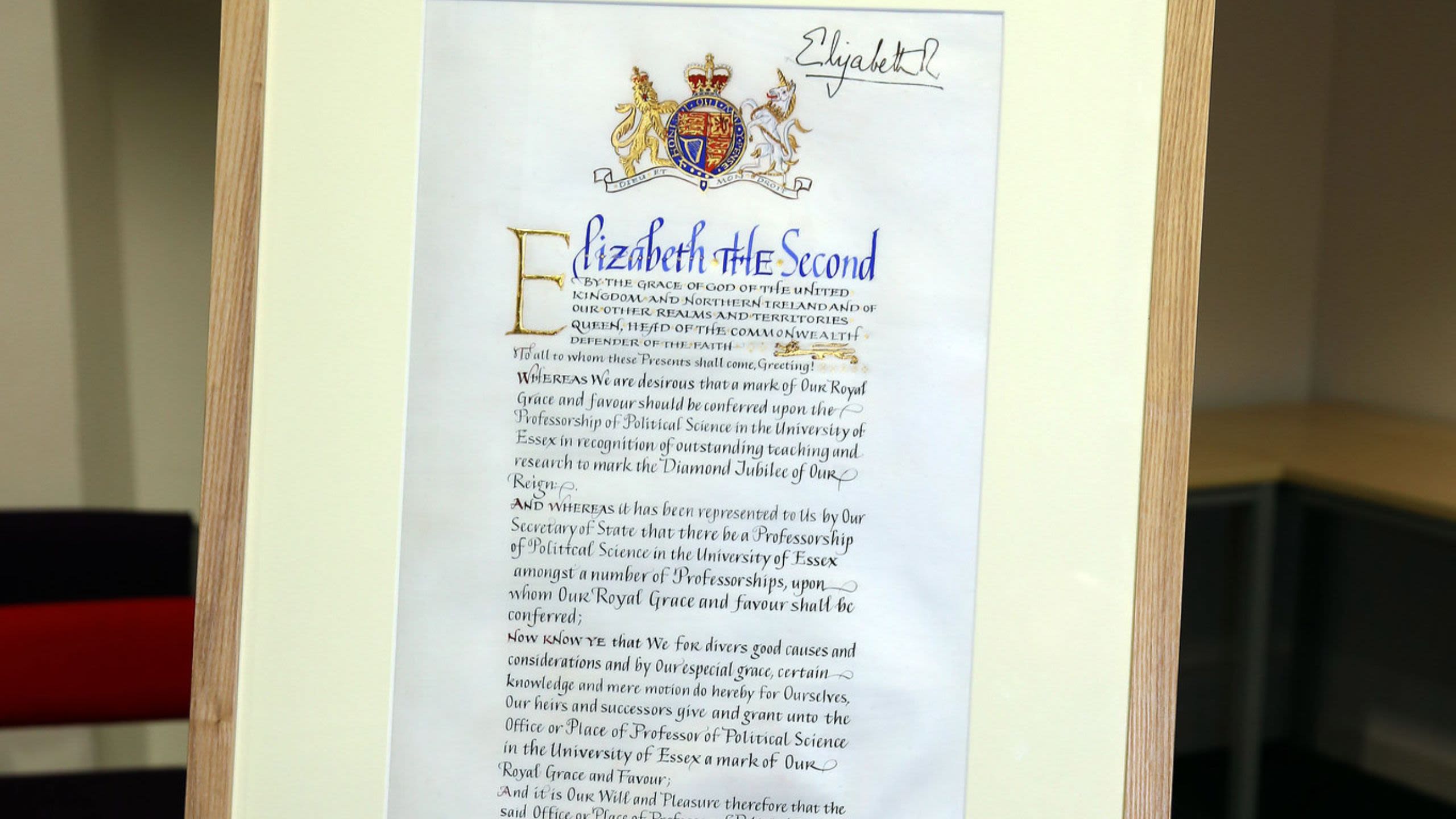 Framed official Regius Professor award