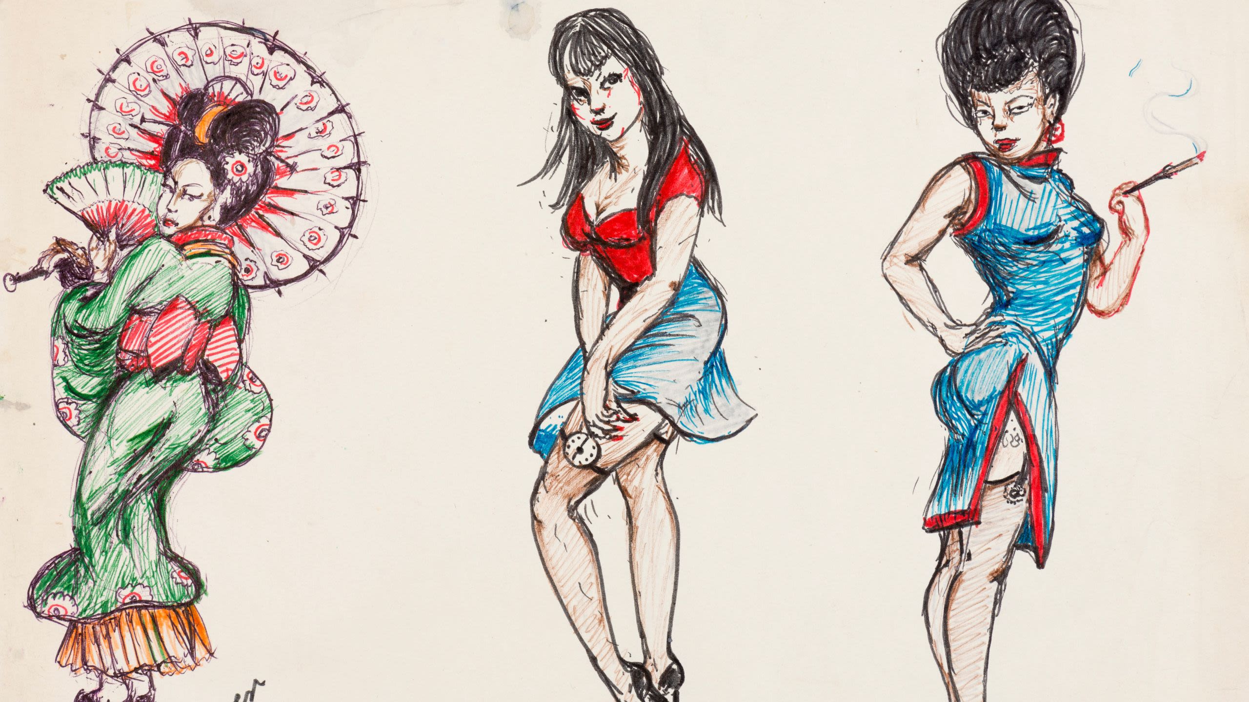 Tattoo designs by Jessie Knight of three women, courtesy of the Museum of Wales