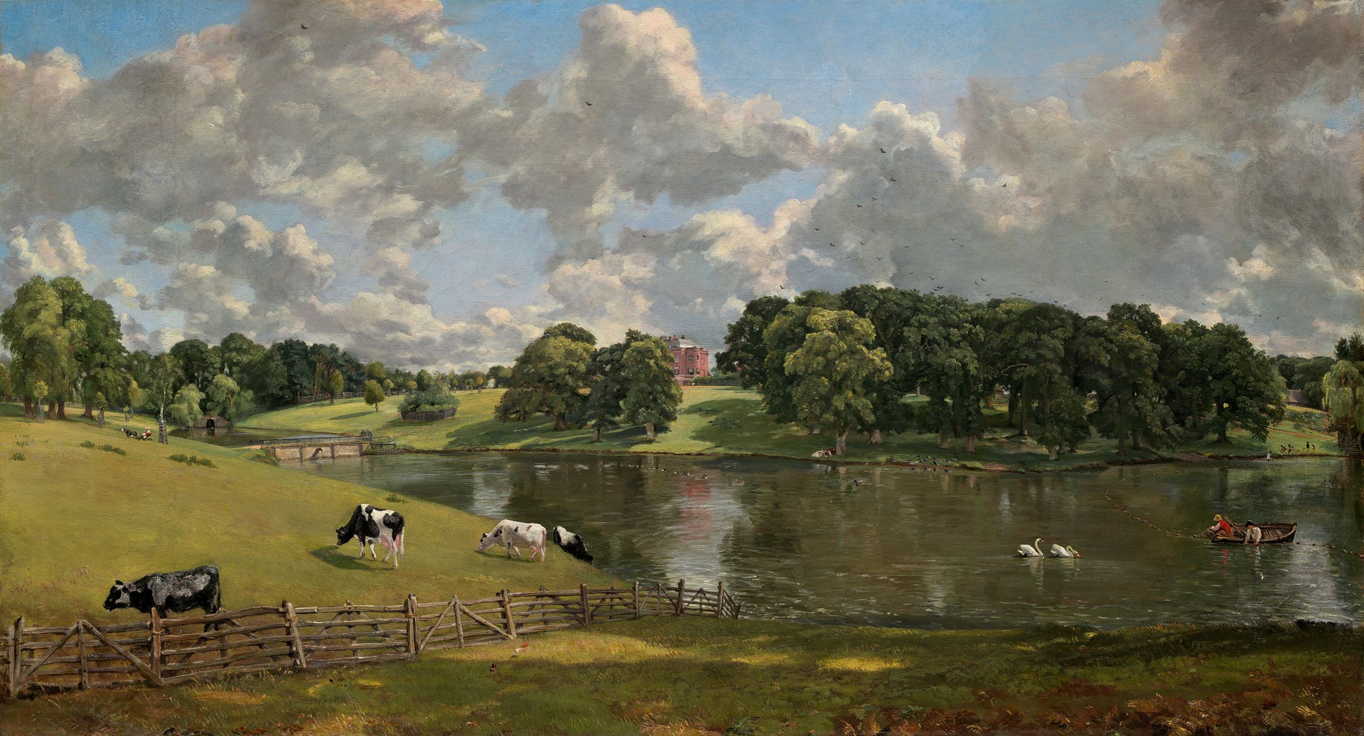 John Constable's painting of Wivenhoe Park depicting cows grazing in front of a lake, beyond which is Wivenhoe House.