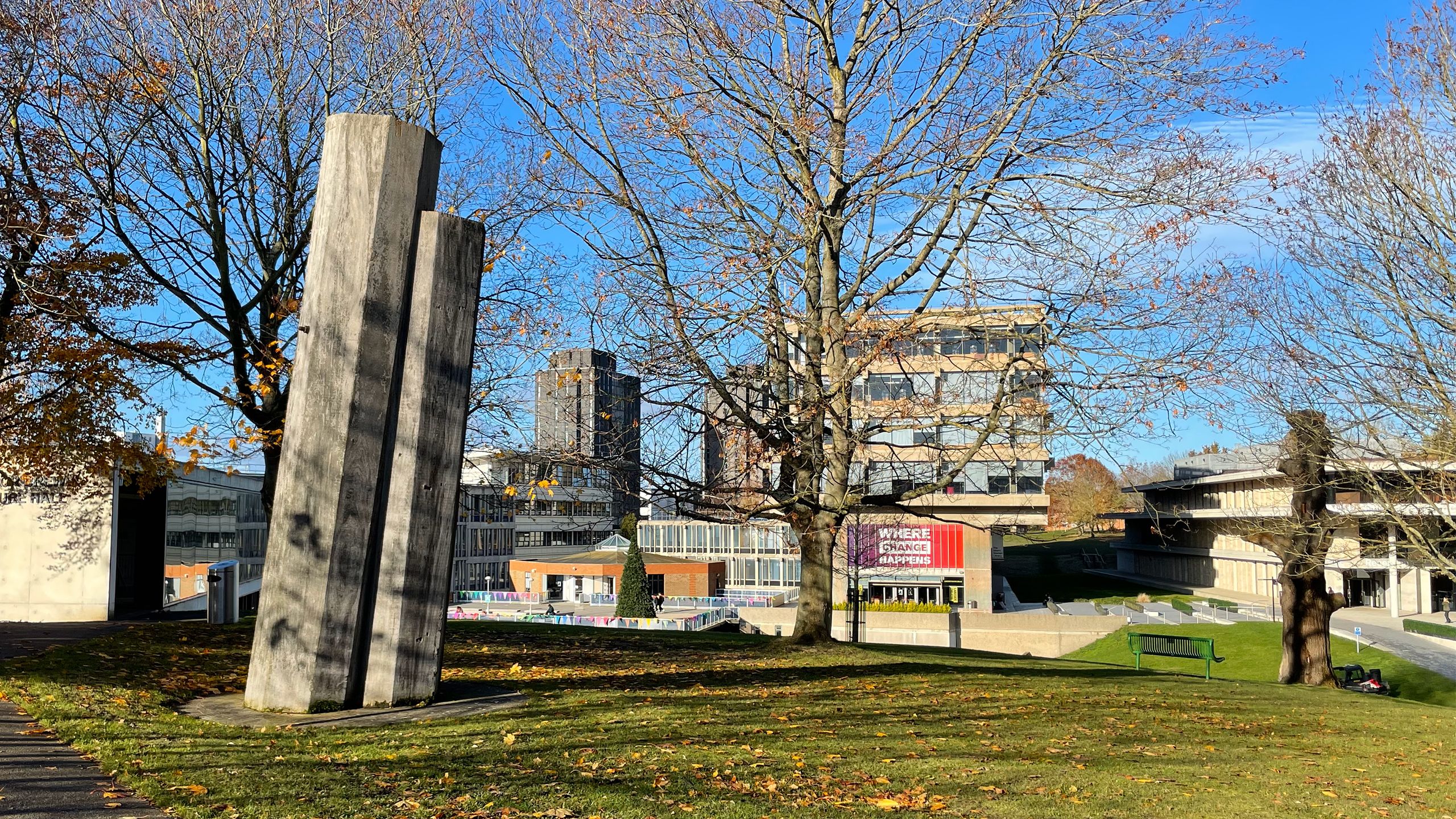 Trunks of wood which look like concrete columns stand at an angle on a hill overlooking the Colchester Campus.