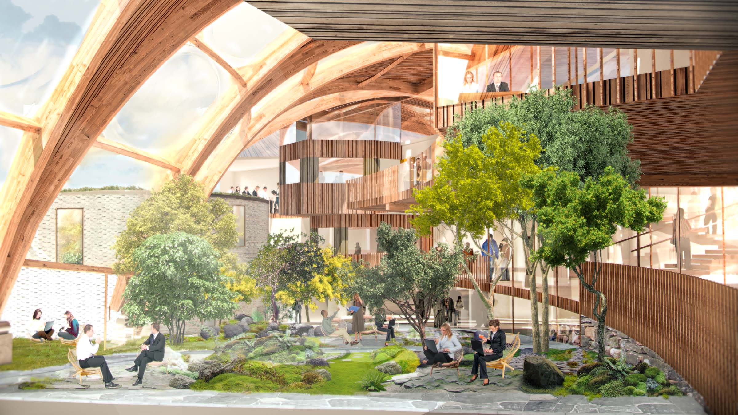 An architectural mockup of the sun-filled interior of Essex Business School's winter garden. Students and staff sit on mossy floors surrounded by rocks and young trees.