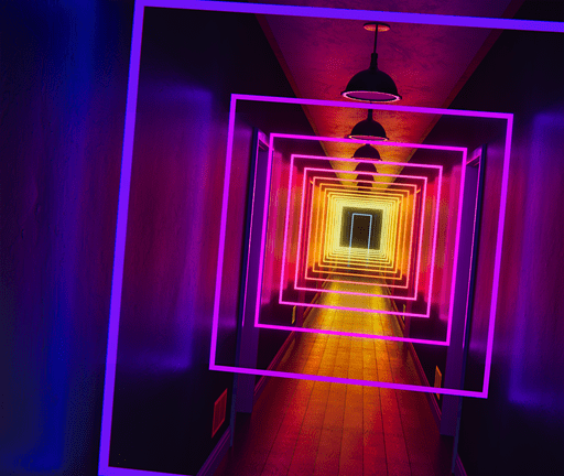 Bright lights in a corridor leading to a door