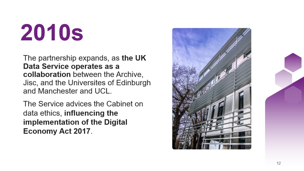 2010s: The partnership expands, as the UK Data Service operates as a collaboration between the Archive, Jisc, and the Universites of Edinburgh and Manchester and UCL.​The Service advices the Cabinet on data ethics, influencing the implementation of the Digital Economy Act 2017.