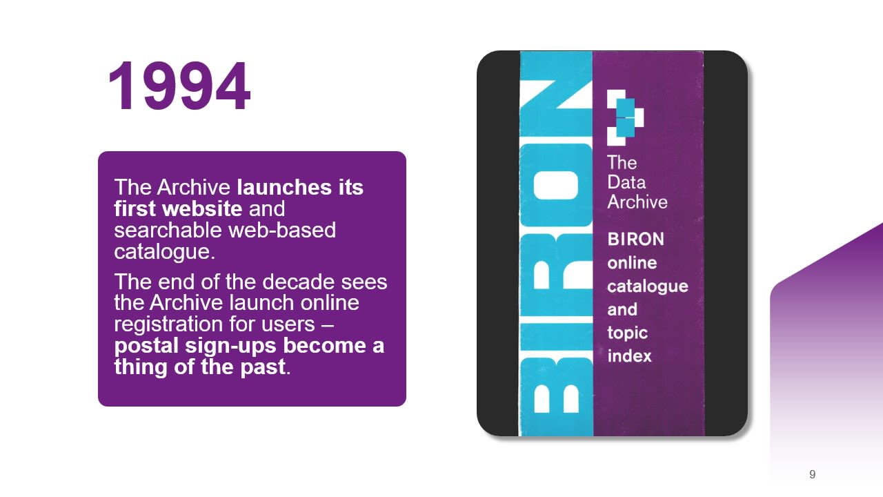 1994: The Archive launches its first website and searchable web-based catalogue.​  The end of the decade sees the Archive launch online registration for users – postal sign-ups become a thing of the past.