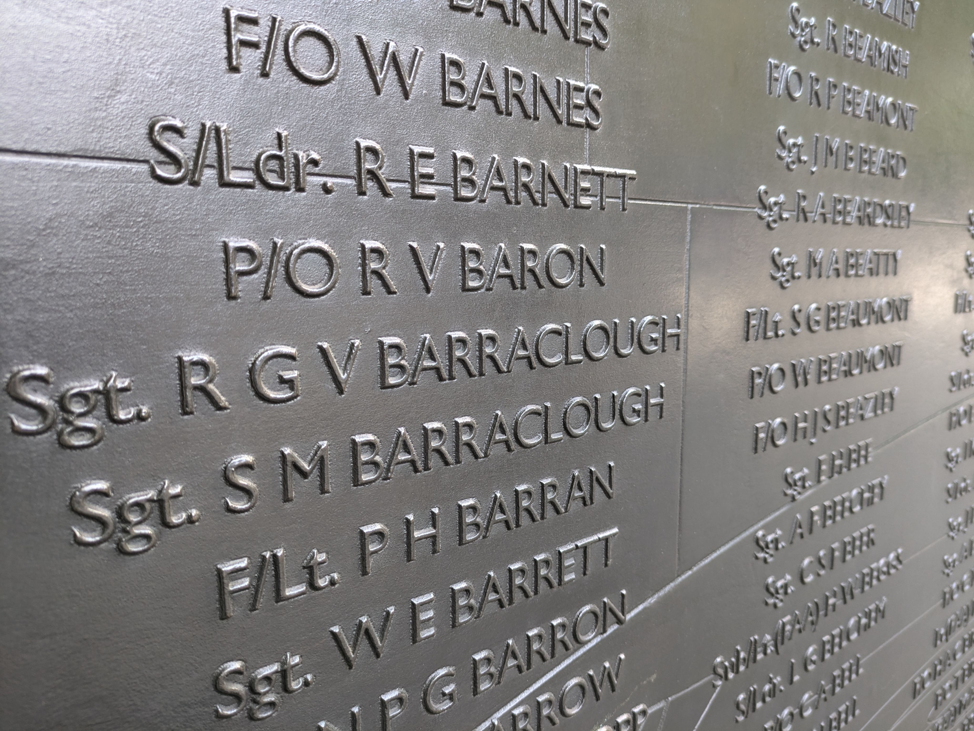 Close up photo of names listed on the Battle of Britain Memorial on London's Embankment