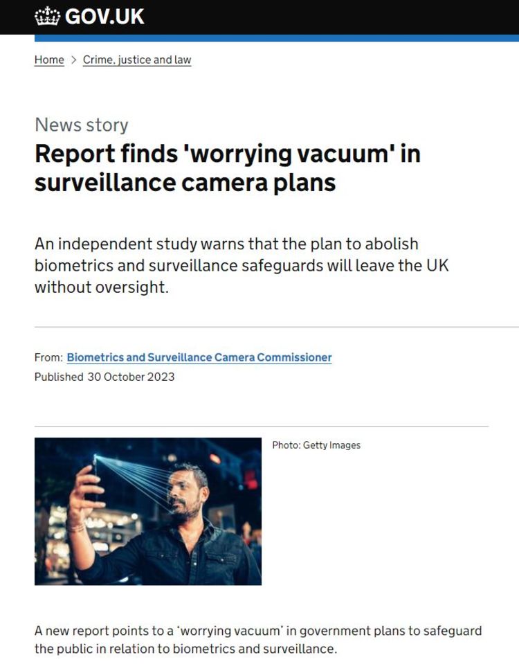 Screen grab of story on Gov.uk website about surveillance cameras