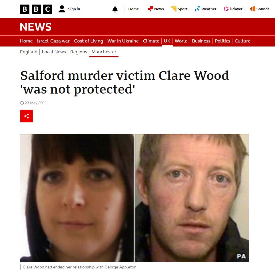 Screenshot taken from BBC website describing "Salford murder victim Clare Wood 'was not protected'"