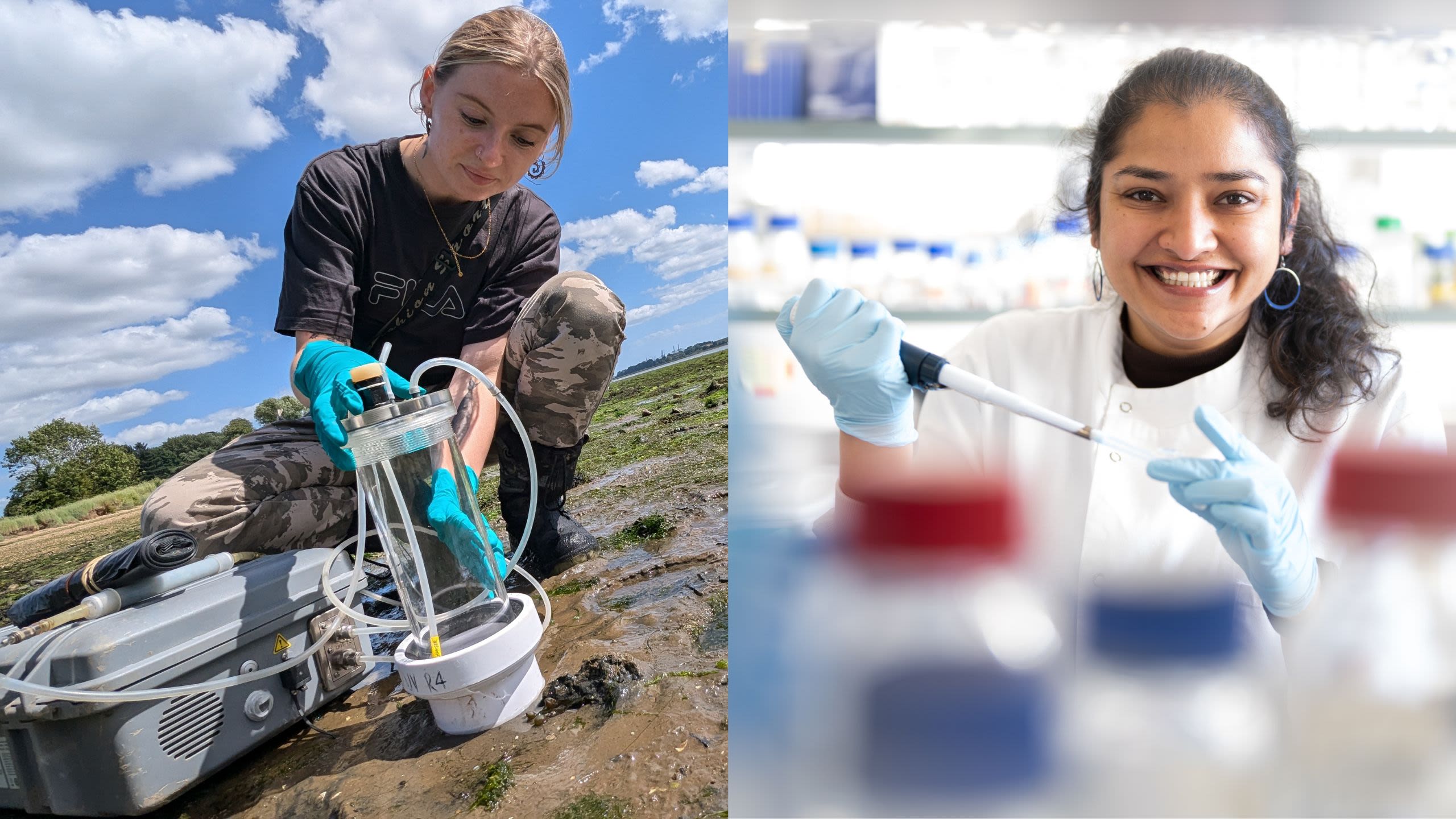 Researcher conducting field work in an estuary and another researcher completing work in a lab