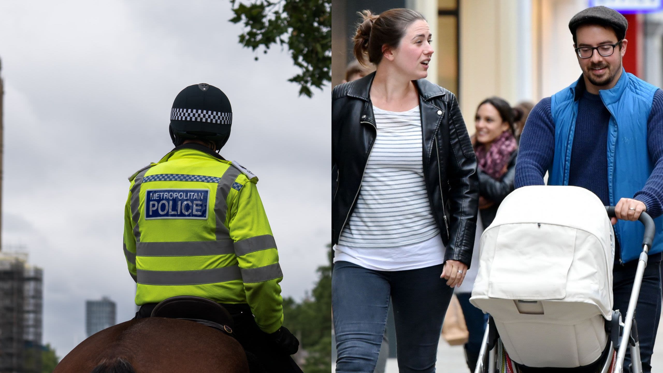 A policeman on a horse patrolling London and a couple walking down a High Street with a pram