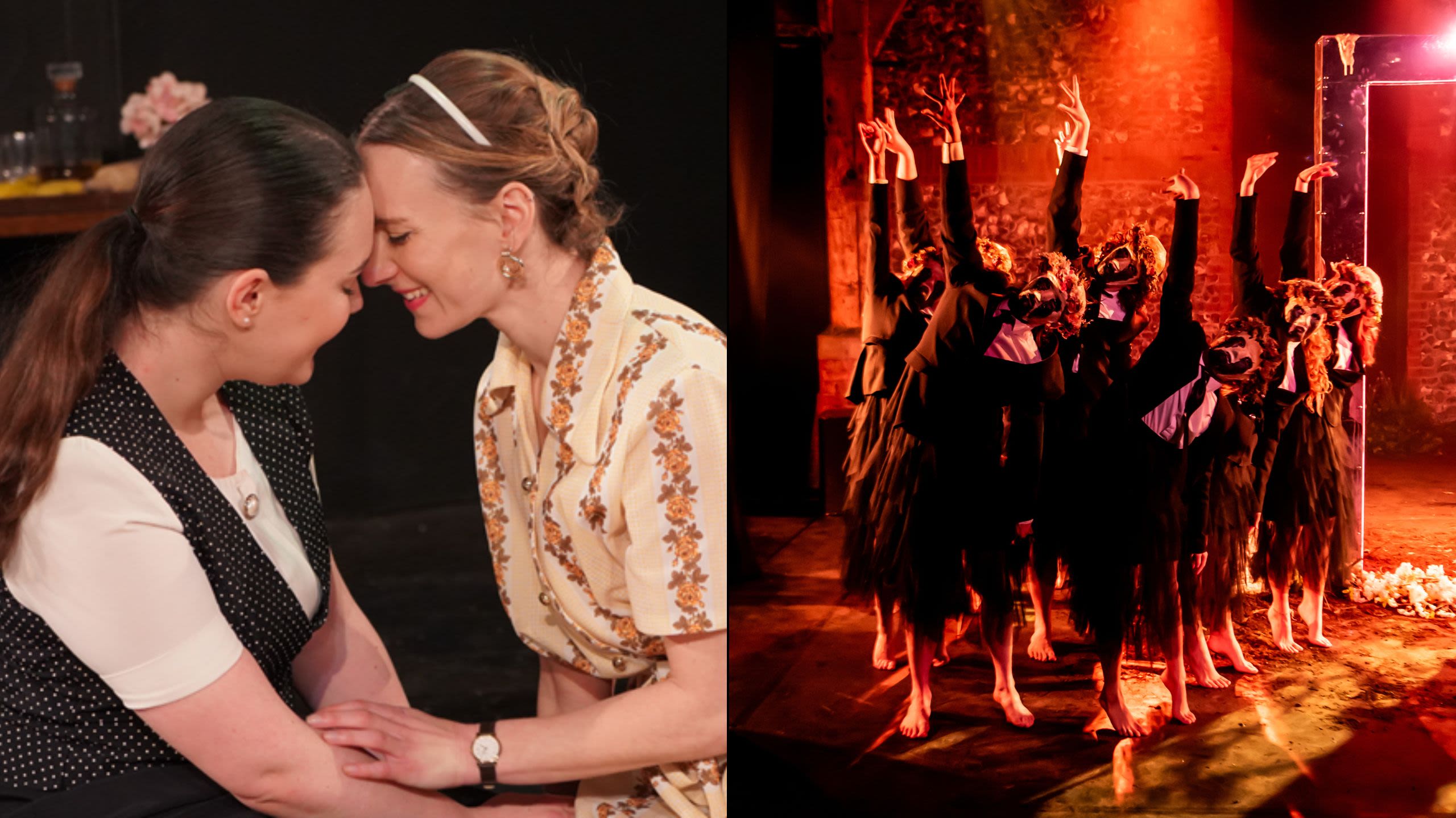 Two women speaking and a group of performers in masks