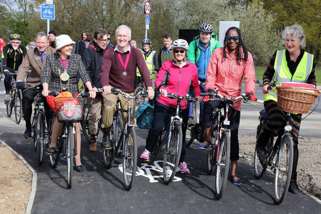 Cyclists at the launch of the path